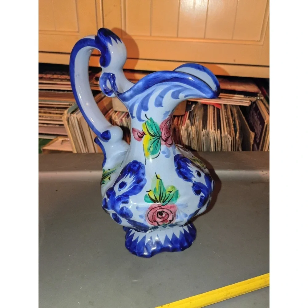 VTG Vestel Alcobaco Pottery Portugal  Water Pitcher, Blue With Flowers 8